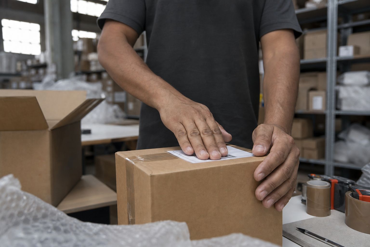 Mãos colando a etiqueta de envio em uma caixa de amostra no estoque